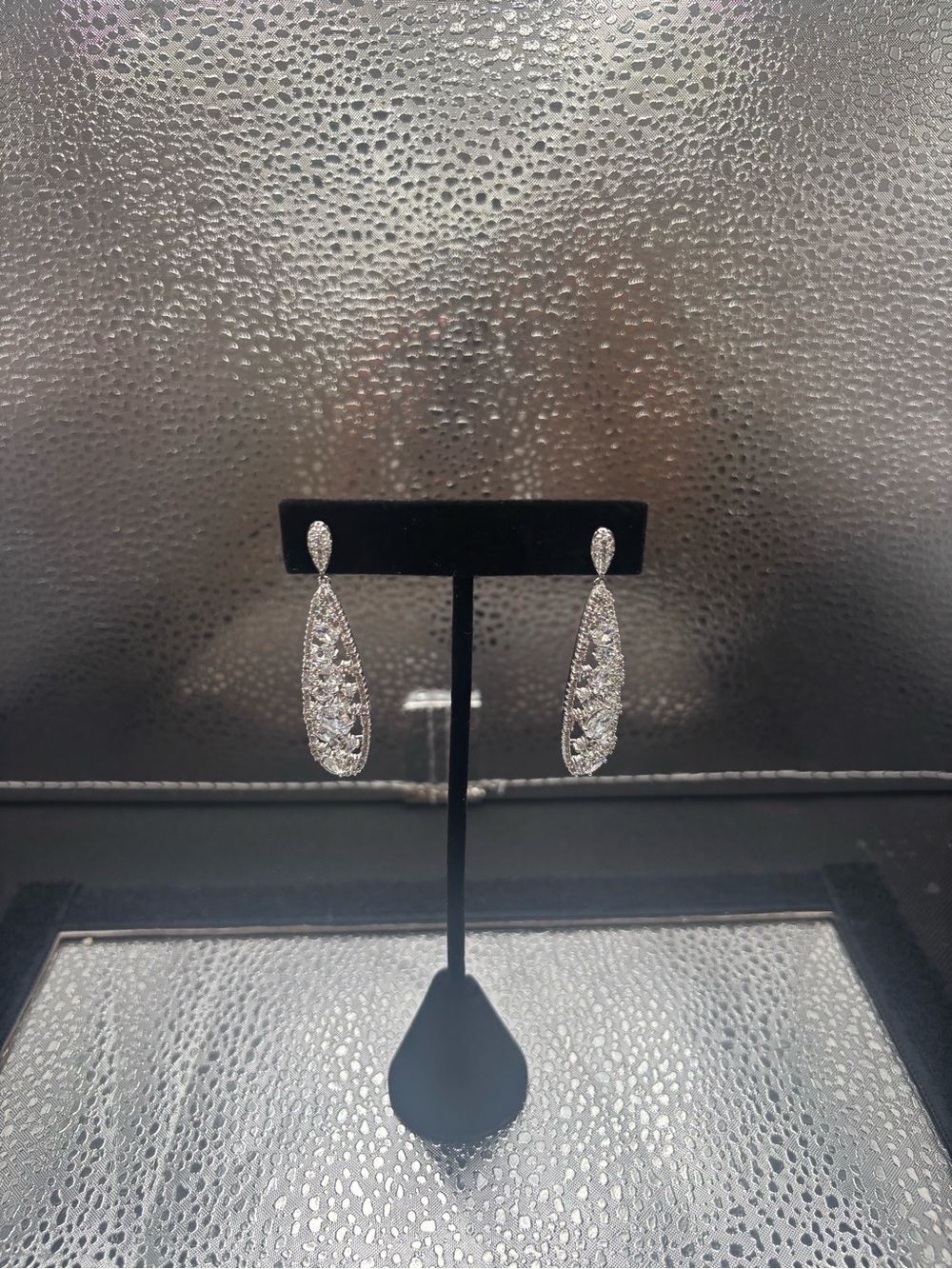 White Crystal Teardrop Dangle Earrings - Sparkling Silver Tone